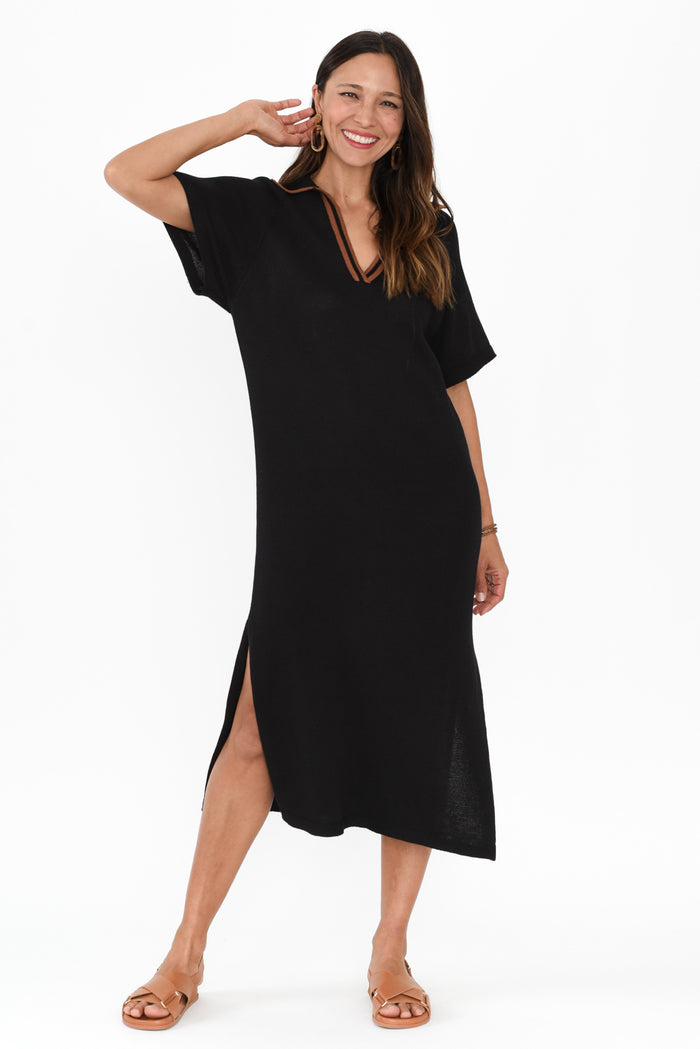Fabiola Black Contrast Knit Dress,Brunette model,alt text|model:Cara