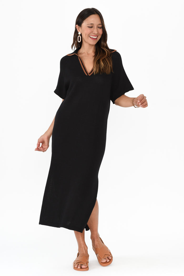 Fabiola Black Contrast Knit Dress,Brunette model,alt text|model:Cara