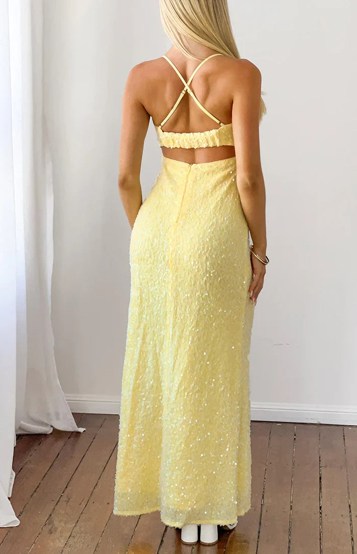 Fallon Yellow Sequin Cut Out Formal Maxi Dress