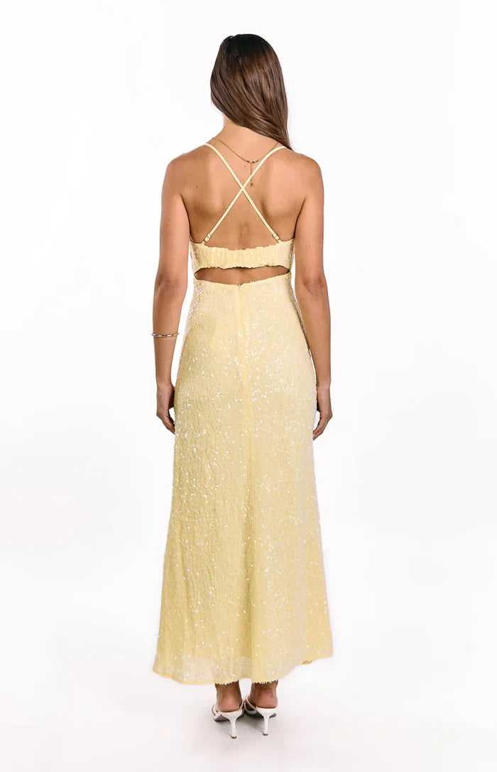 Fallon Yellow Sequin Cut Out Formal Maxi Dress