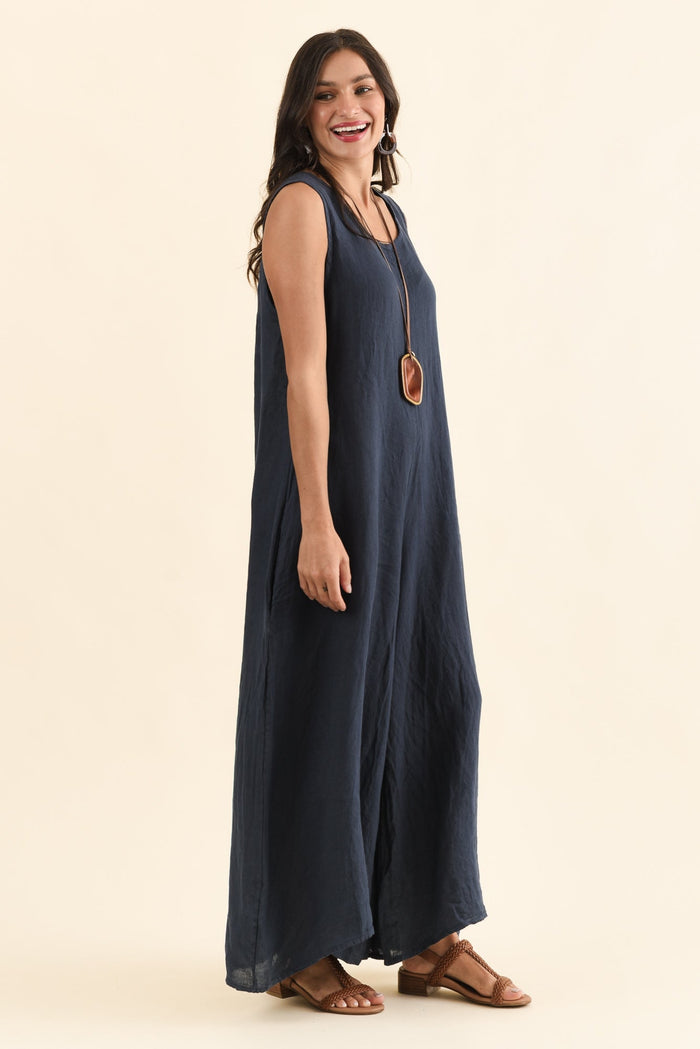 Fay Navy Linen Jumpsuit,Side,Brunette model,alt text|model:Brontie