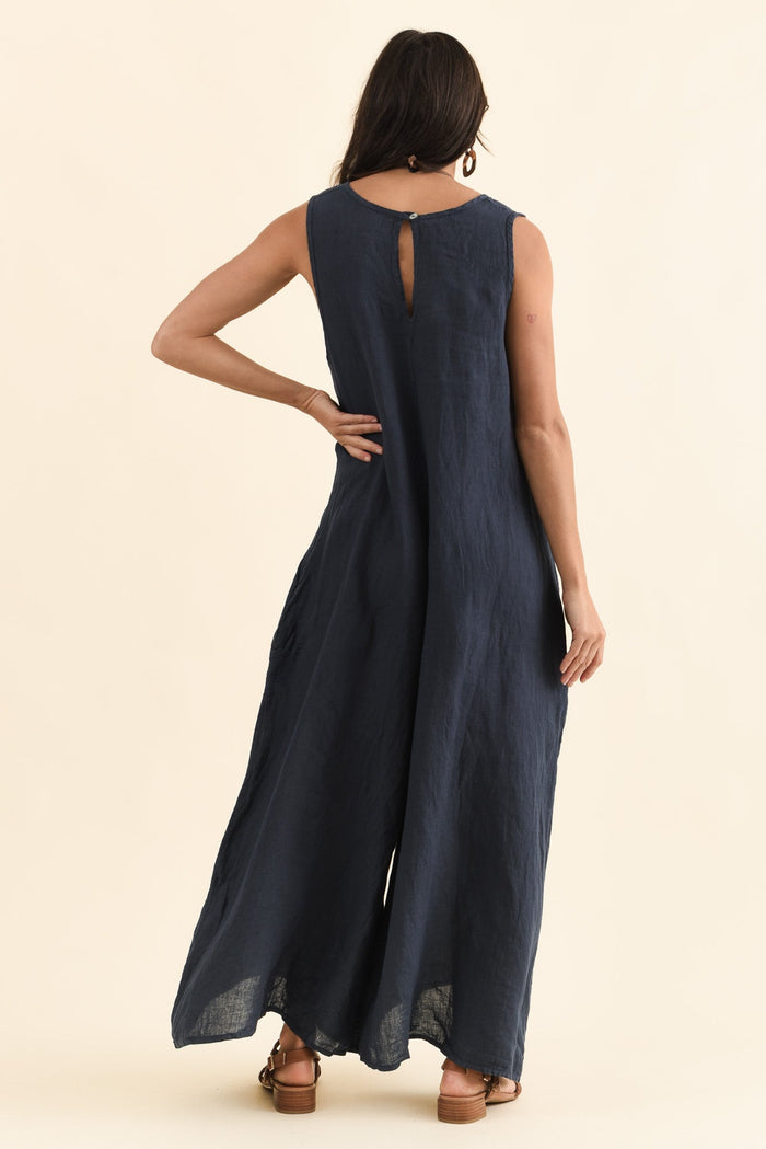 Fay Navy Linen Jumpsuit,Back,Brunette model,alt text|model:Brontie