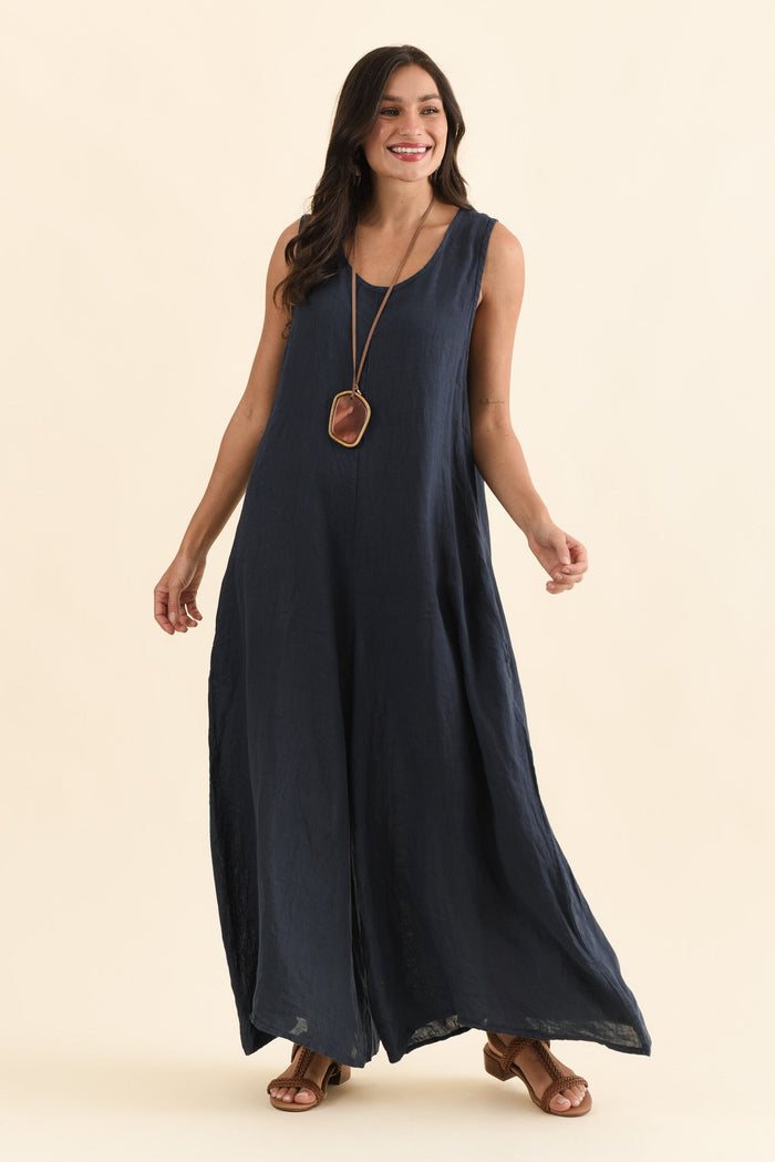 Fay Navy Linen Jumpsuit,Full Body,Brunette model,alt text|model:Brontie