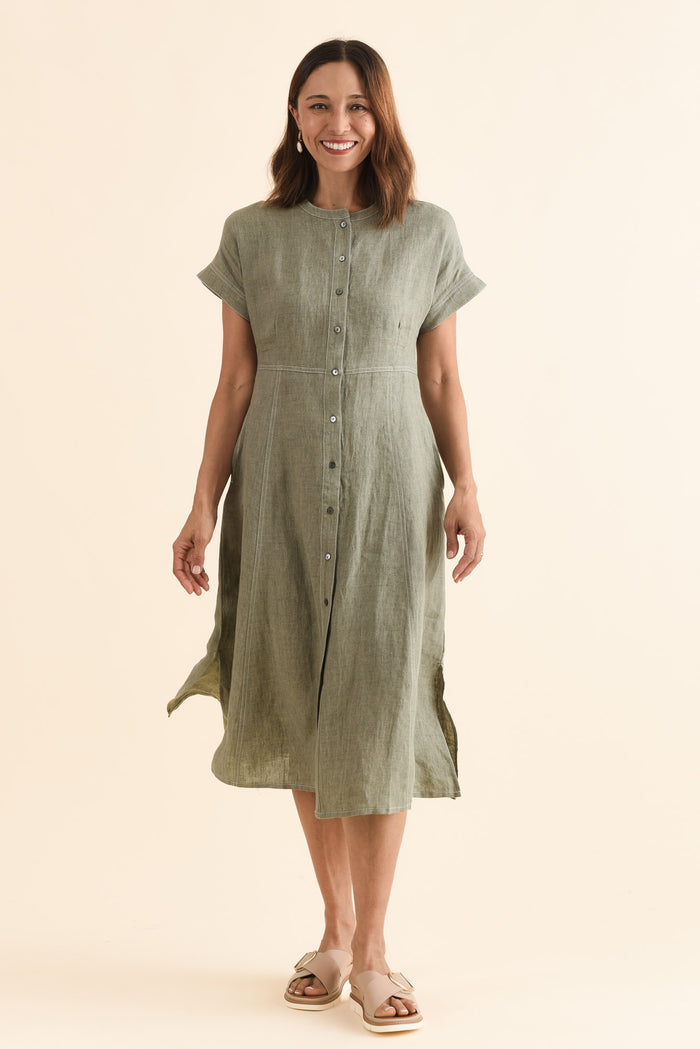 Fenton Sage Linen Button Dress,Full Body,Brunette model,alt text|model:Cara