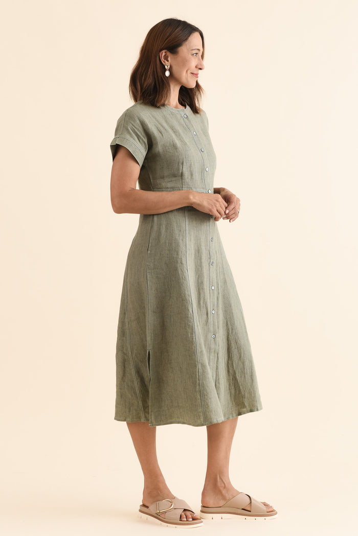 Fenton Sage Linen Button Dress,Side,Brunette model,alt text|model:Cara