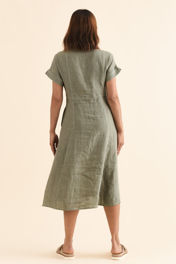 Fenton Sage Linen Button Dress,Back,Brunette model,alt text|model:Cara