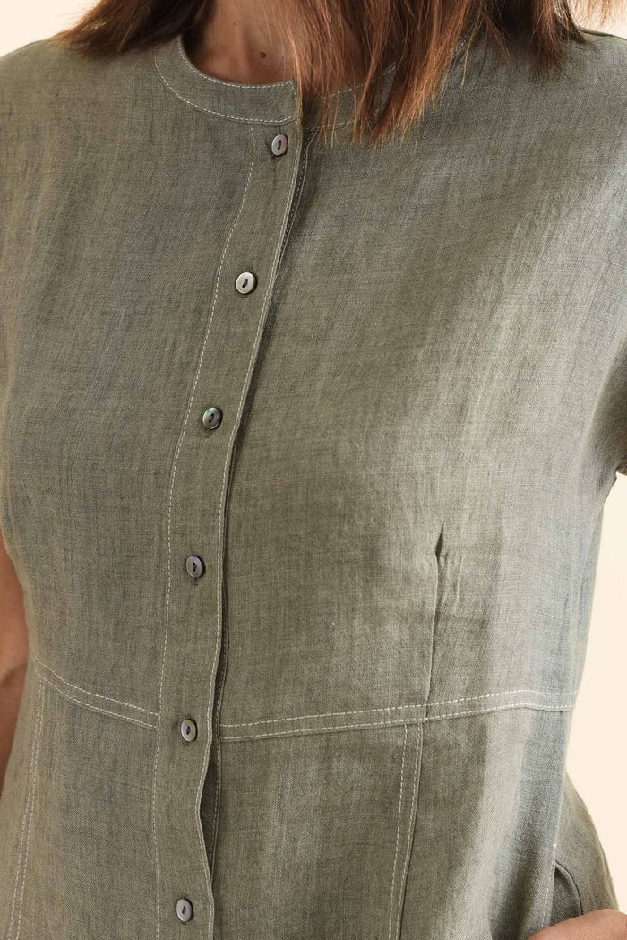 Fenton Sage Linen Button Dress,Detail,Brunette model,alt text|model:Cara