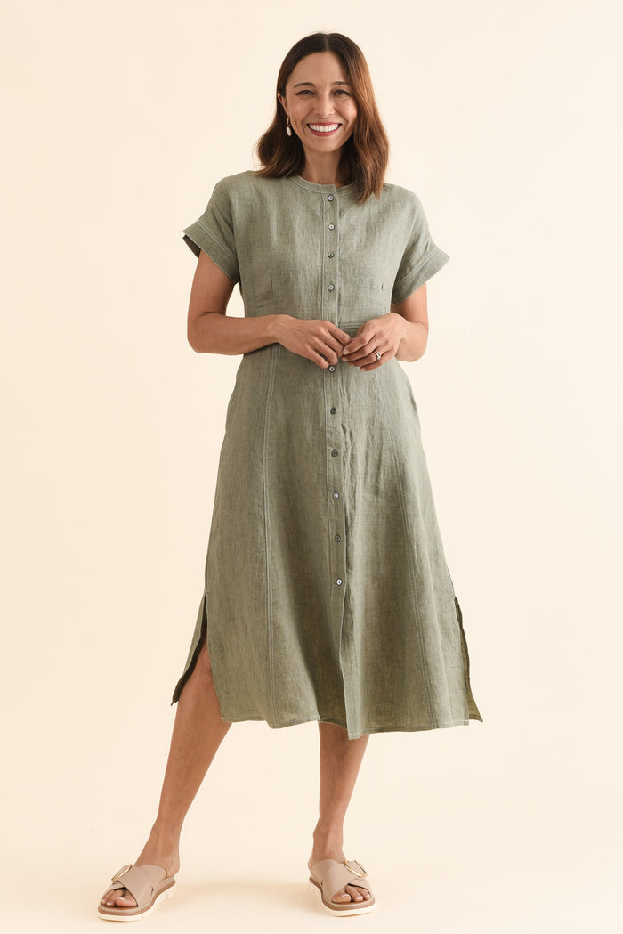 Fenton Sage Linen Button Dress,Full Body,Brunette model,alt text|model:Cara