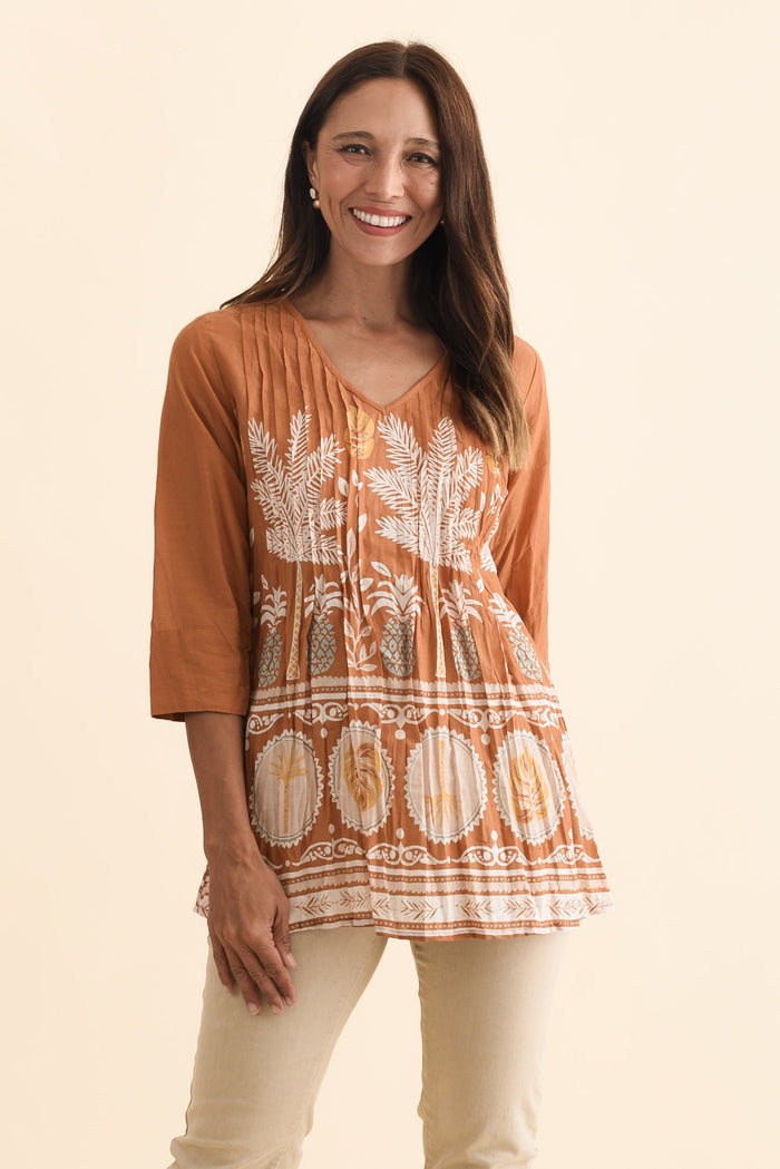 Fia Brown Beach Sleeved Crinkle Cotton Top,Brunette model,alt text|model:Cara