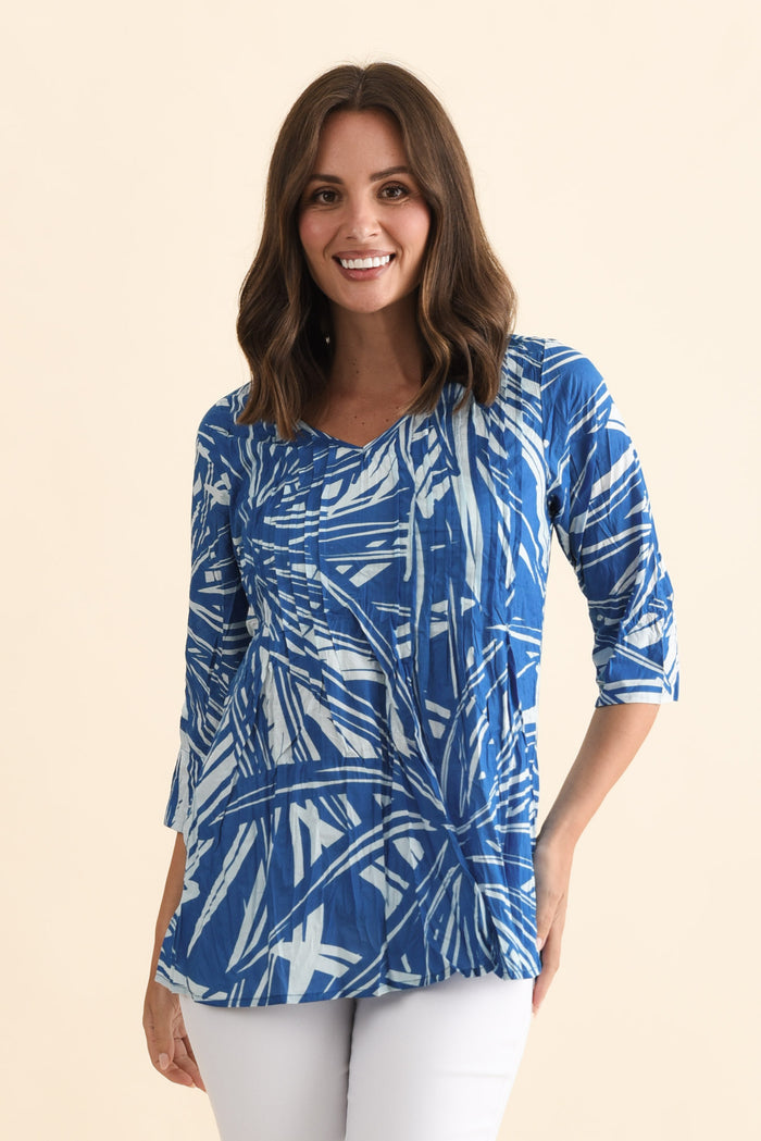 Fia Cobalt Burst Sleeved Crinkle Cotton Top,Brunette model,alt text|model:MJ