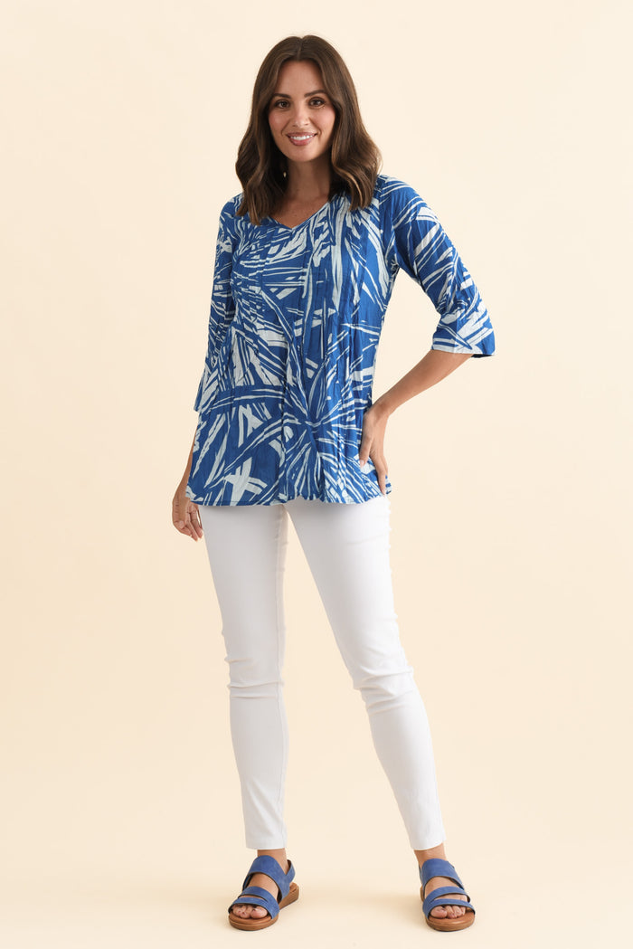 Fia Cobalt Burst Sleeved Crinkle Cotton Top,Brunette model,alt text|model:MJ