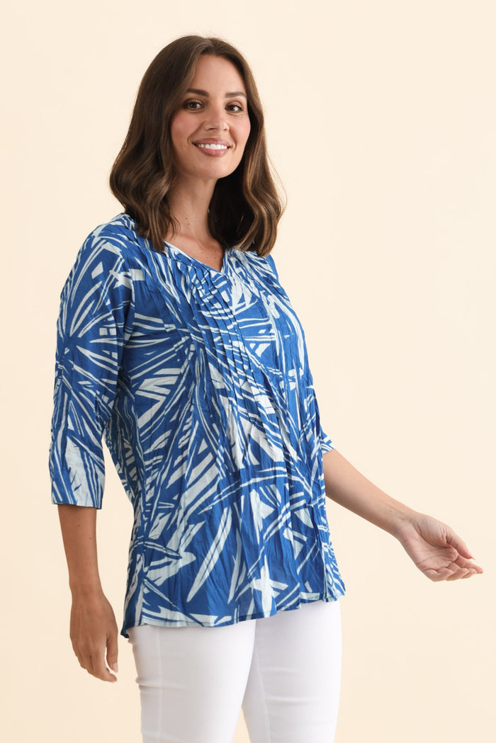 Fia Cobalt Burst Sleeved Crinkle Cotton Top,Brunette model,alt text|model:MJ