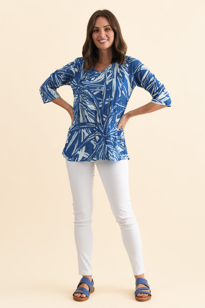 Fia Cobalt Burst Sleeved Crinkle Cotton Top,Brunette model,alt text|model:MJ