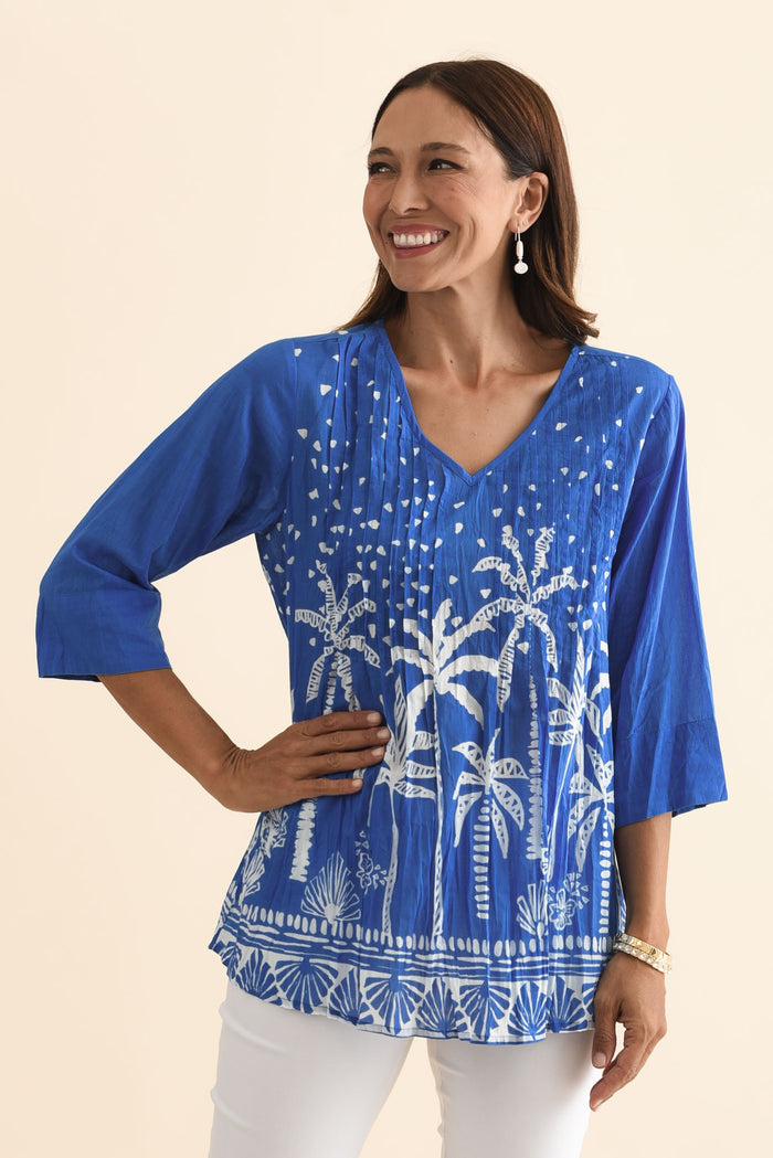 Fia Cobalt Palm Sleeved Crinkle Cotton Top,Brunette model,alt text|model:Cara