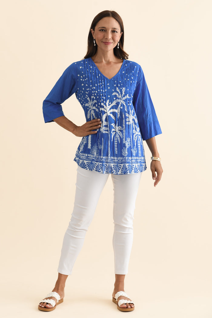 Fia Cobalt Palm Sleeved Crinkle Cotton Top,Brunette model,alt text|model:Cara