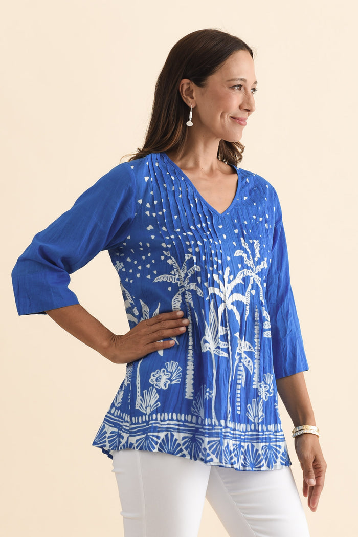 Fia Cobalt Palm Sleeved Crinkle Cotton Top,Brunette model,alt text|model:Cara