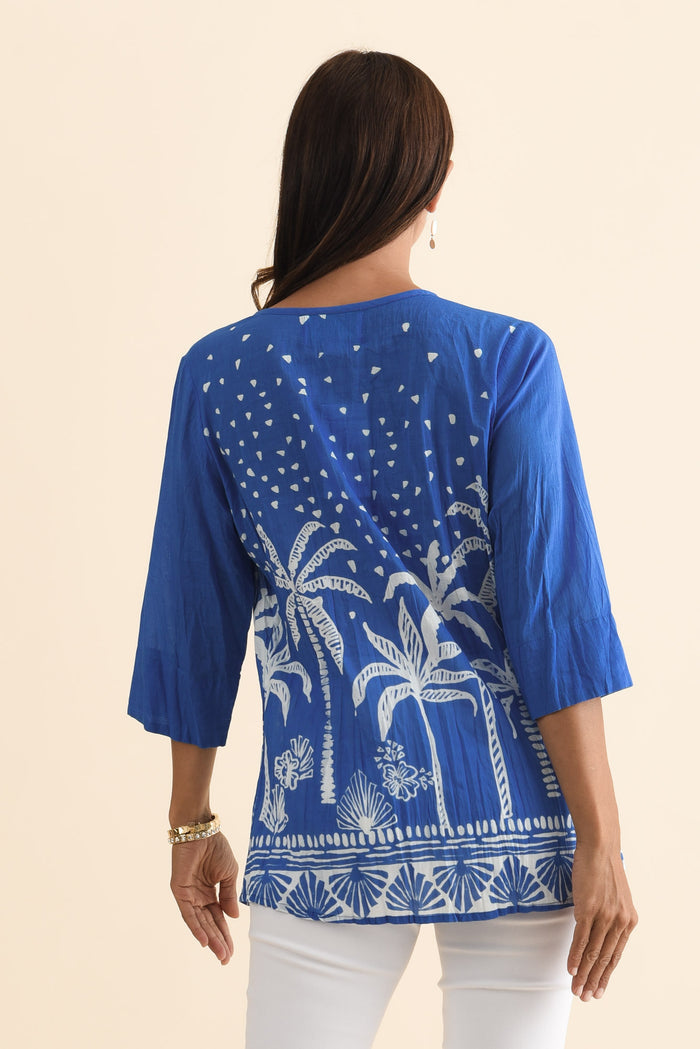 Fia Cobalt Palm Sleeved Crinkle Cotton Top,Brunette model,alt text|model:Cara