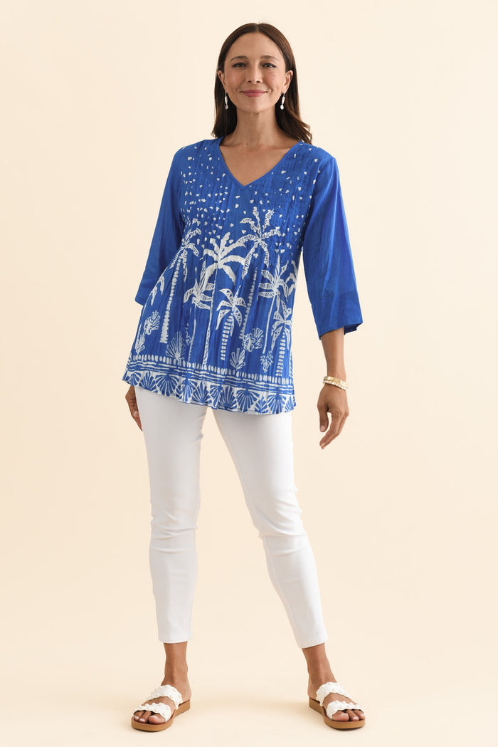 Fia Cobalt Palm Sleeved Crinkle Cotton Top,Brunette model,alt text|model:Cara
