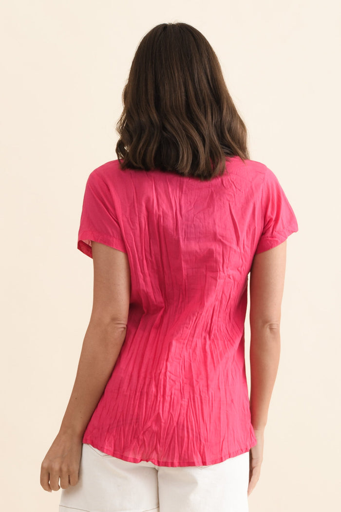 Fia Hot Pink Crinkle Cotton Top,Brunette model,alt text|model:MJ