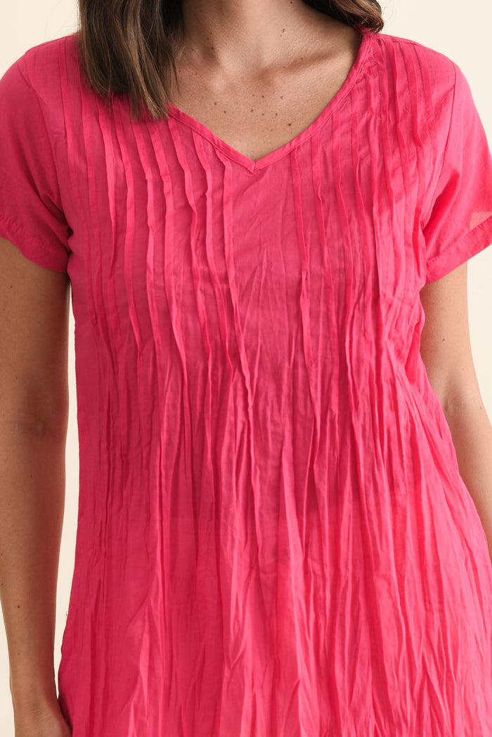 Fia Hot Pink Crinkle Cotton Top,Brunette model,alt text|model:MJ