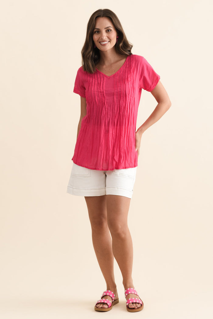 Fia Hot Pink Crinkle Cotton Top,Brunette model,alt text|model:MJ