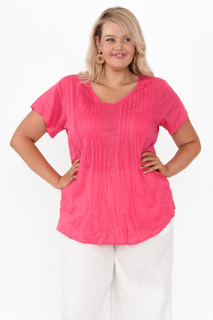 Fia Hot Pink Crinkle Cotton Top,Blonde model,plus-size,curve-tops,plus-size-cotton-tops,alt text|model:Shandre