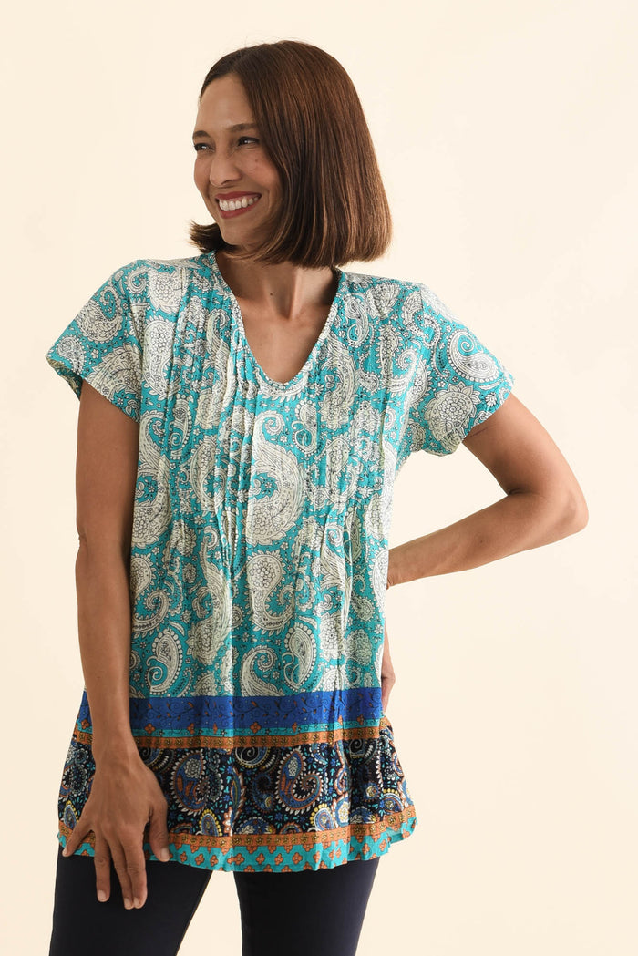 Fia Light Blue Paisley Crinkle Cotton Top,Brunette model,alt text|model:Cara