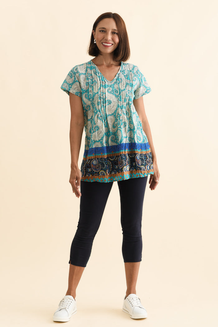 Fia Light Blue Paisley Crinkle Cotton Top,Brunette model,alt text|model:Cara