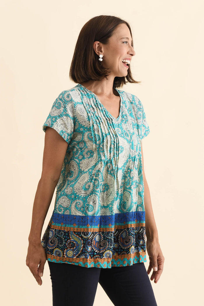 Fia Light Blue Paisley Crinkle Cotton Top,Brunette model,alt text|model:Cara