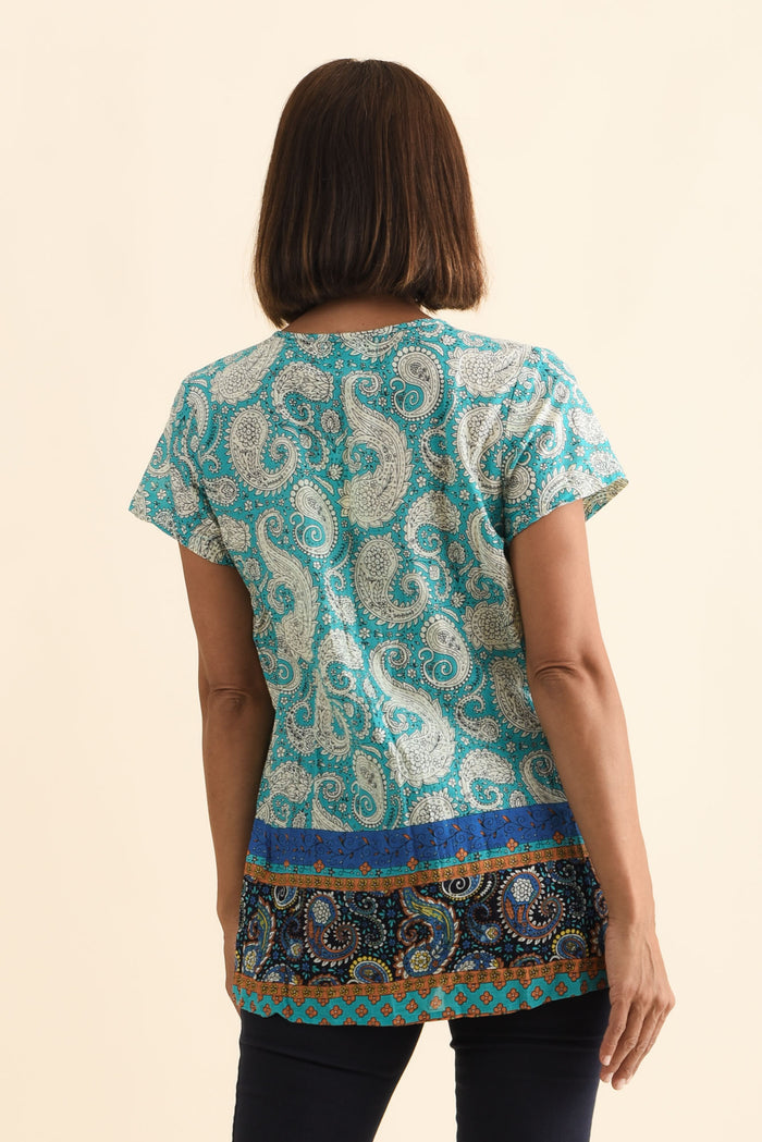 Fia Light Blue Paisley Crinkle Cotton Top,Brunette model,alt text|model:Cara