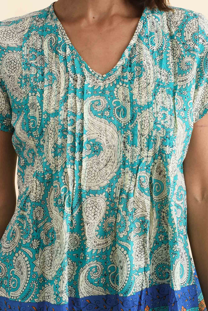 Fia Light Blue Paisley Crinkle Cotton Top,Brunette model,alt text|model:Cara