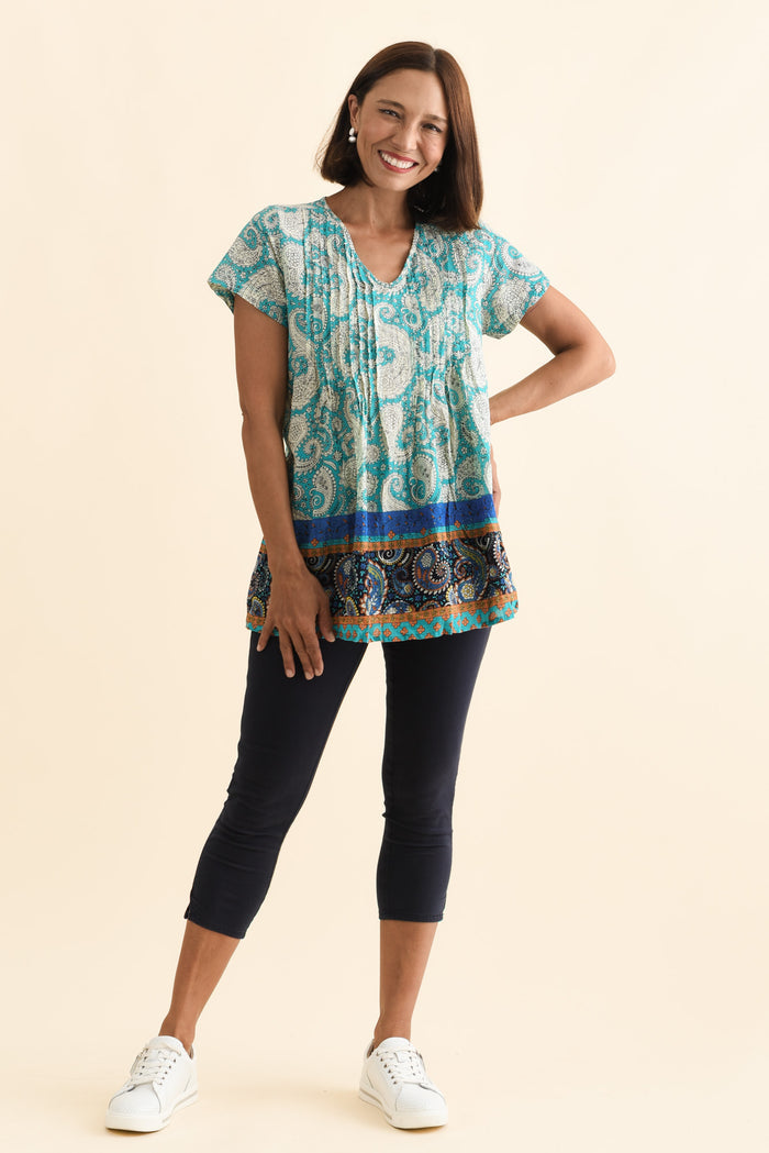 Fia Light Blue Paisley Crinkle Cotton Top,Brunette model,alt text|model:Cara