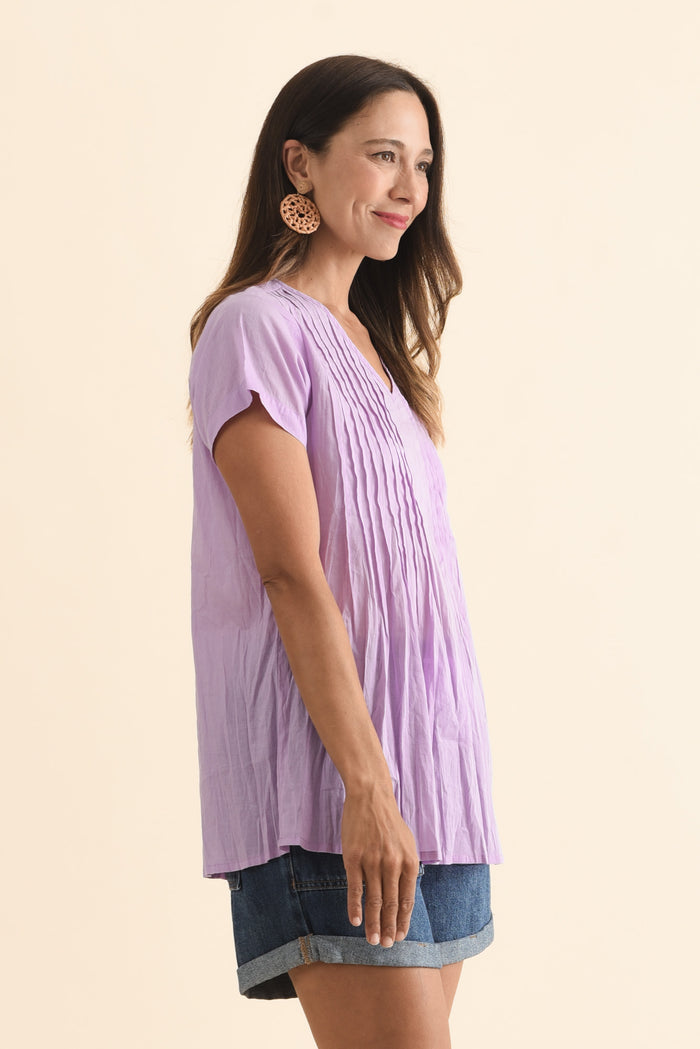 Fia Lilac Crinkle Cotton Top,Brunette model,alt text|model:Cara