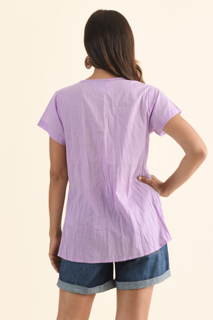 Fia Lilac Crinkle Cotton Top,Brunette model,alt text|model:Cara