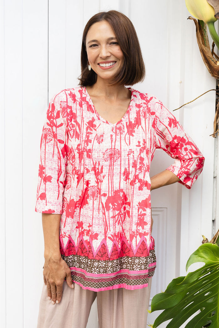 Fia Pink Dandelion Sleeved Crinkle Cotton Top,Lifestyle