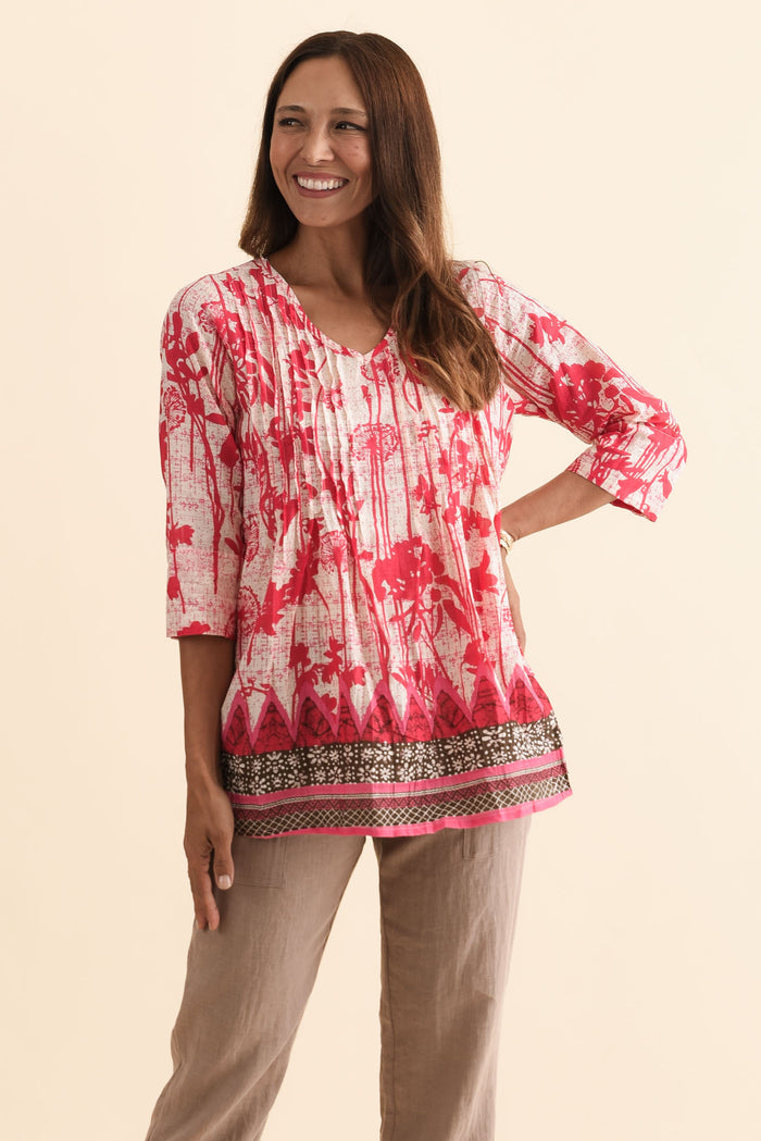 Fia Pink Dandelion Sleeved Crinkle Cotton Top,Brunette model,alt text|model:Cara
