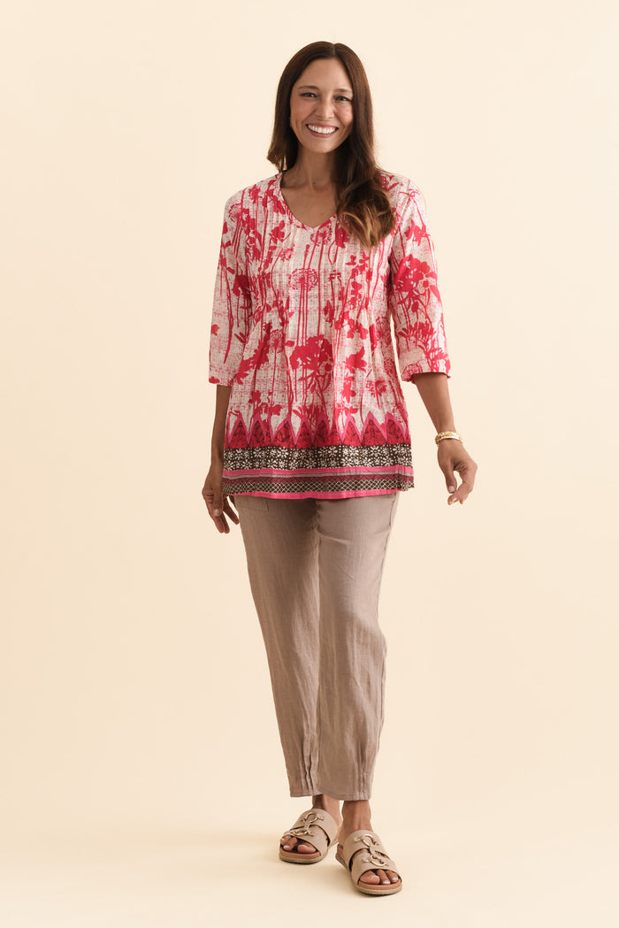 Fia Pink Dandelion Sleeved Crinkle Cotton Top,Brunette model,alt text|model:Cara