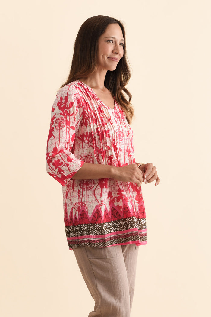 Fia Pink Dandelion Sleeved Crinkle Cotton Top,Brunette model,alt text|model:Cara