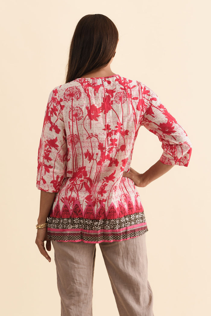 Fia Pink Dandelion Sleeved Crinkle Cotton Top,Brunette model,alt text|model:Cara