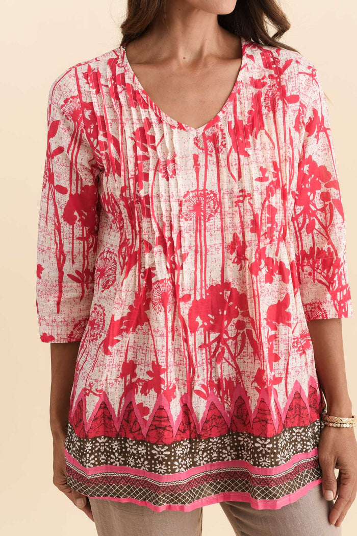 Fia Pink Dandelion Sleeved Crinkle Cotton Top,Brunette model,alt text|model:Cara