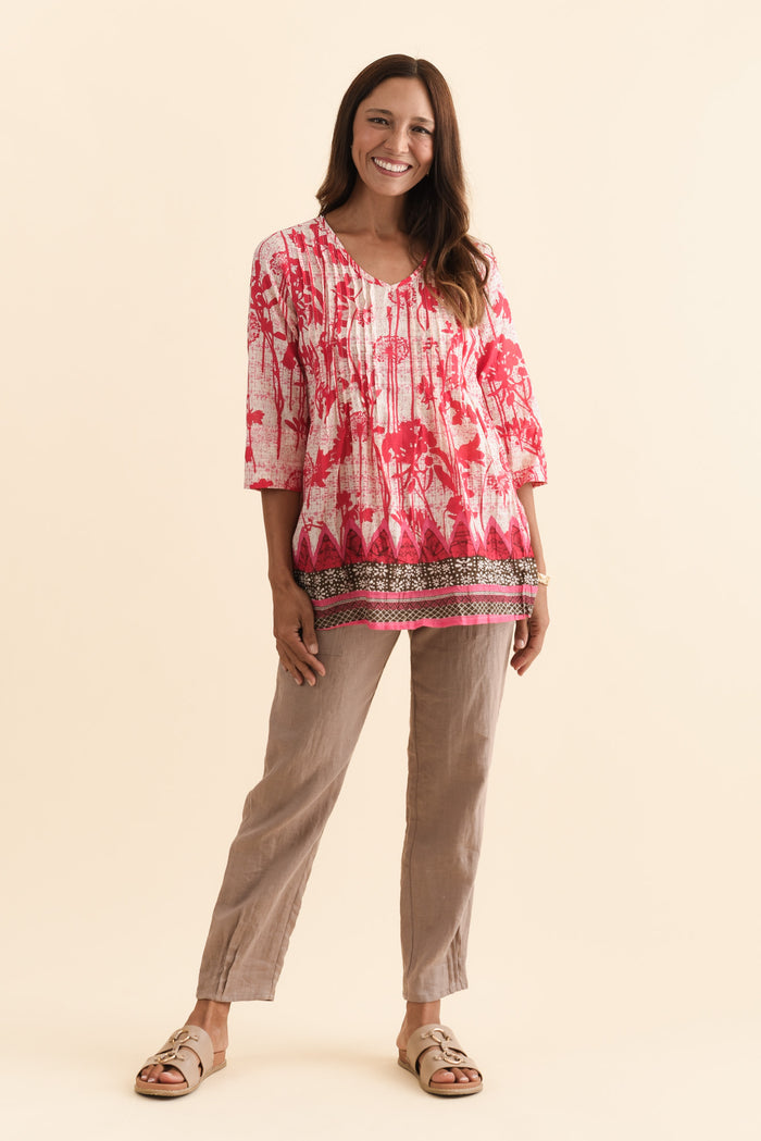Fia Pink Dandelion Sleeved Crinkle Cotton Top,Brunette model,alt text|model:Cara