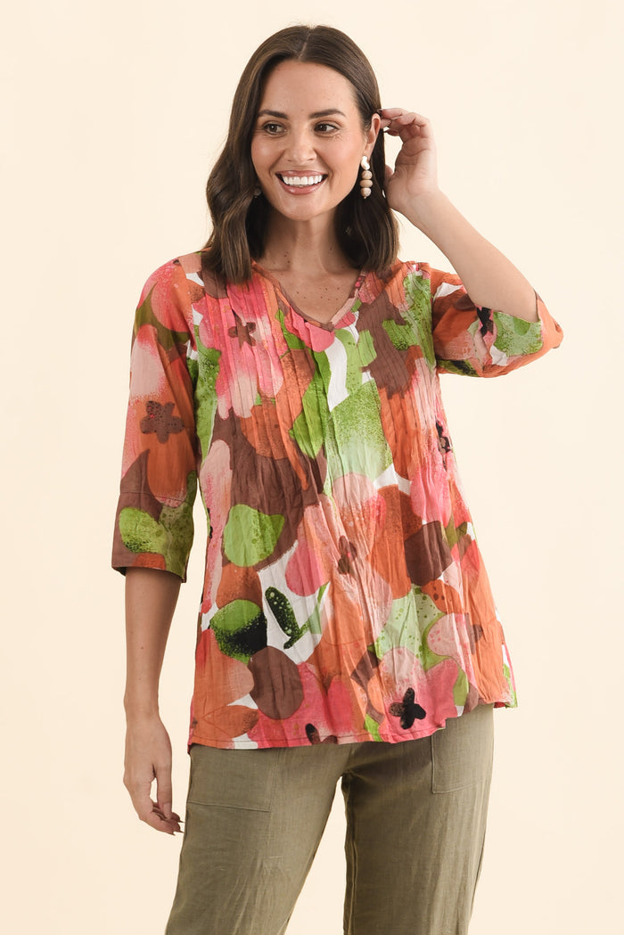 Fia Pink Floral Sleeved Crinkle Cotton Top,Brunette model,alt text|model:MJ