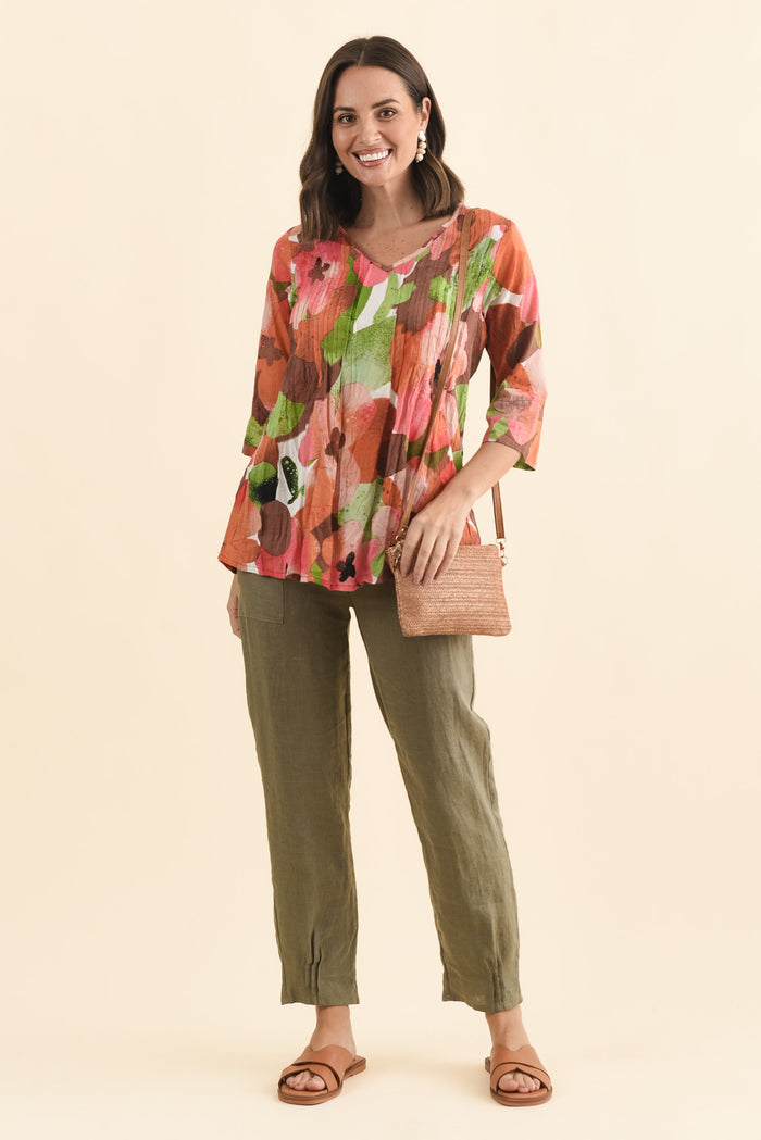 Fia Pink Floral Sleeved Crinkle Cotton Top,Brunette model,alt text|model:MJ