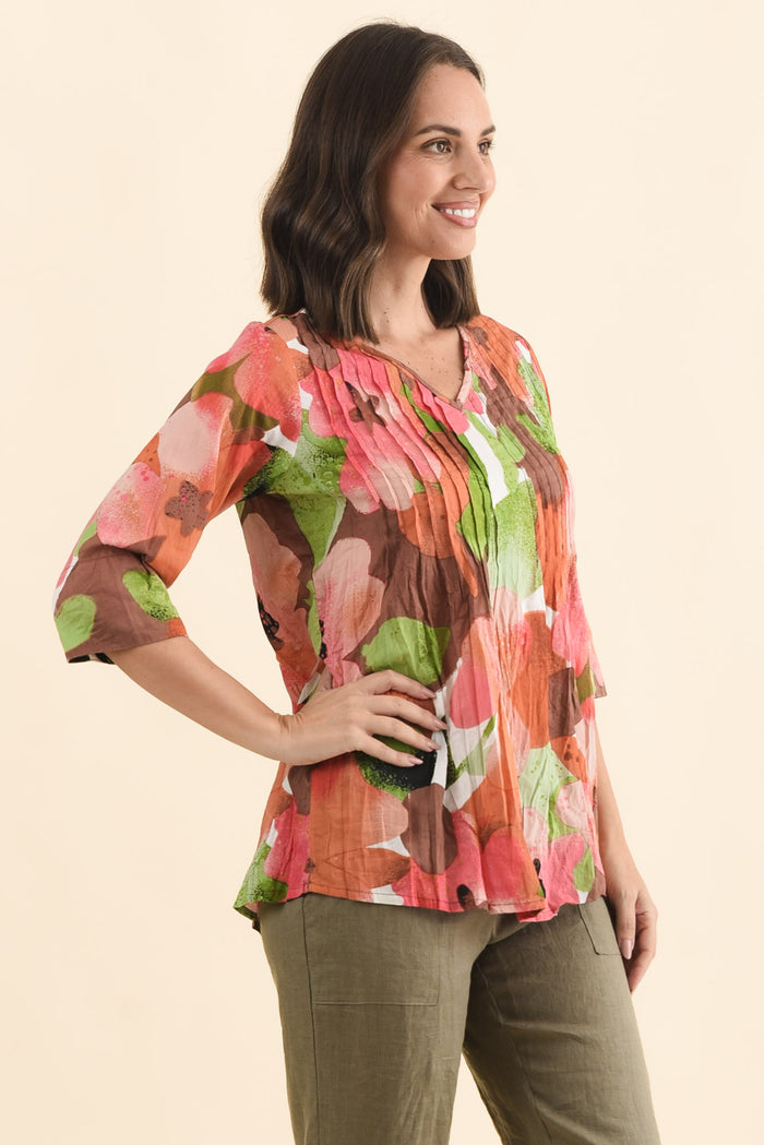 Fia Pink Floral Sleeved Crinkle Cotton Top,Brunette model,alt text|model:MJ