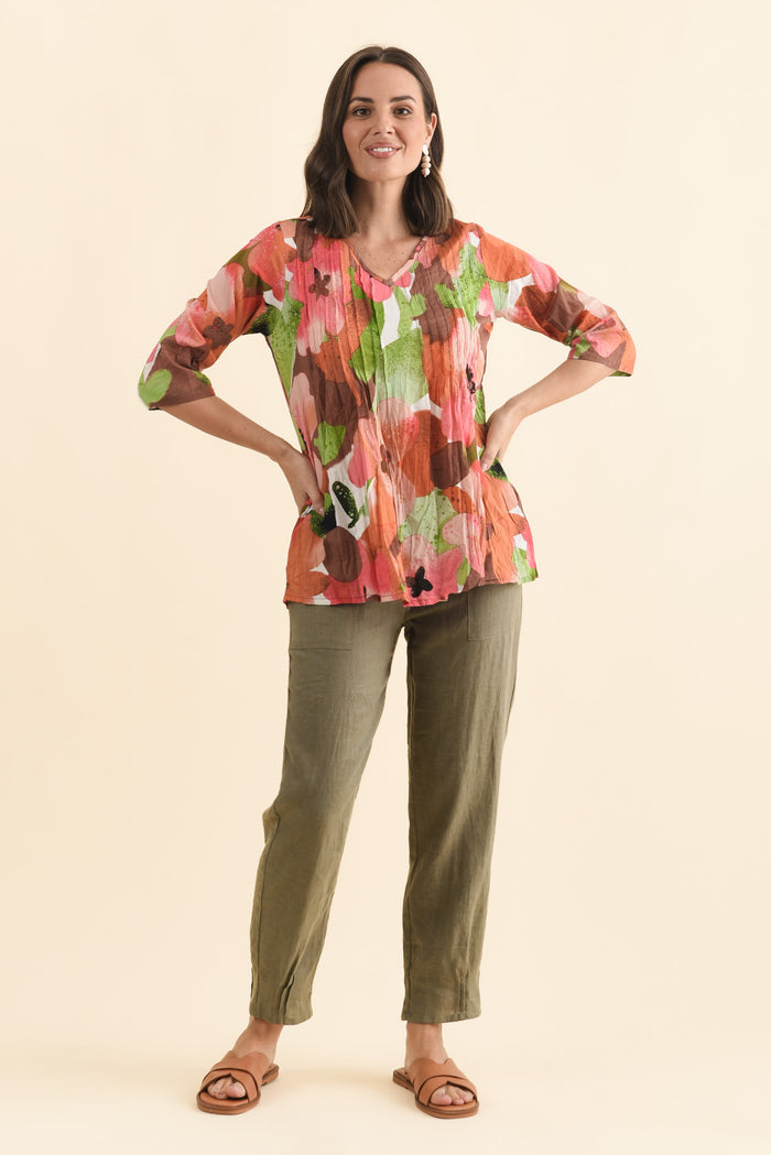 Fia Pink Floral Sleeved Crinkle Cotton Top,Brunette model,alt text|model:MJ