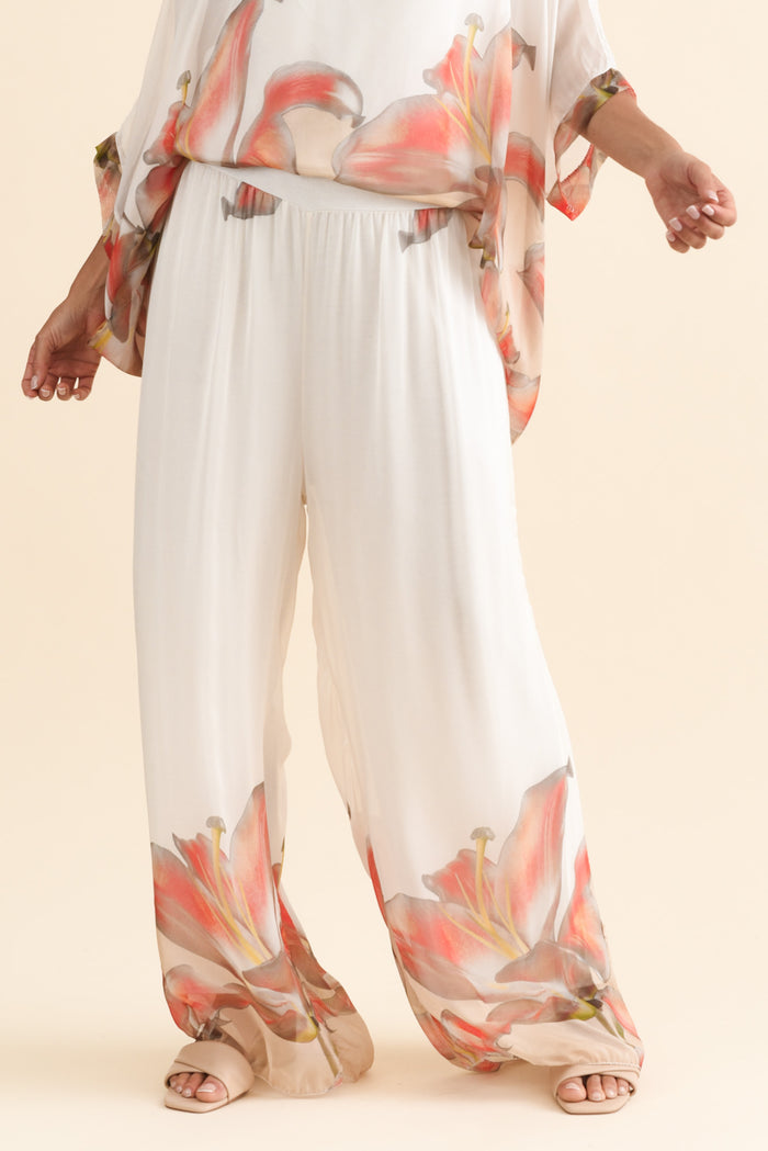 Figaro White Bloom Silk Pants,Brunette model,alt text|model:Brontie