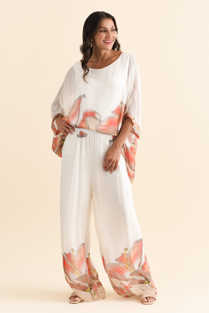 Figaro White Bloom Silk Pants,Brunette model,alt text|model:Brontie