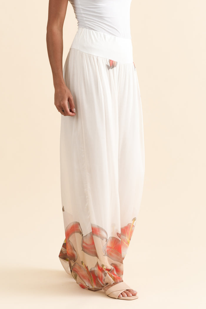 Figaro White Bloom Silk Pants,Brunette model,alt text|model:Brontie