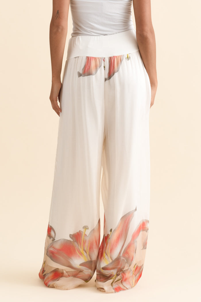 Figaro White Bloom Silk Pants,Brunette model,alt text|model:Brontie