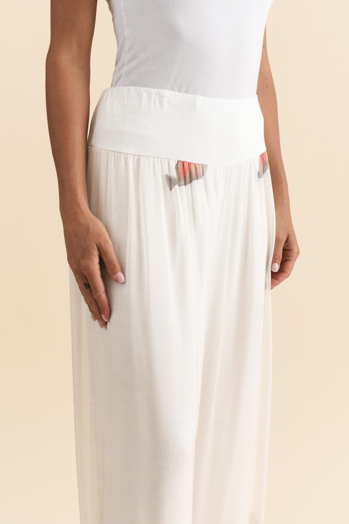 Figaro White Bloom Silk Pants,Brunette model,alt text|model:Brontie